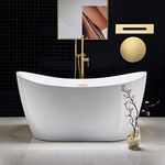 WOODBRIDGE 59" Acrylic Freestanding Bathtub Contemporary Soaking White Tub with Brushed Gold Overflow and Drain,B0011-BG