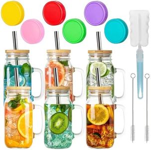 Mason Jars with Handle, 6 Pack 24oz Drinking Glass Cups with Bamboo Lids and Straws, Mason Jar Mugs, Travel Tumbler for Iced Coffee, Smoothie, Juice