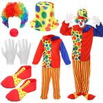 Funtery 6 Pcs Adult Clown Costume Red Clown Nose Shoes Hat Rainbow Clown Wig and Gloves for Men Women Cosplay(Large)