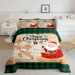 Merry Christmas Bedding Set Queen Size Cute Santa Claus Deer Comforter Set 3Pcs,Black Green Xmas Grid Quilt Set Kids Girls Boys Room Decor,Brown Rustic Wood Board Duvet Insert,2 Pillowcases