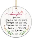 VILIGHT Christmas Ornament for Daughter - Motivational and Inspirational Gifts from Mom and Dad - 2.75 Inch Flat Circle Ceramic Decor with Tag & Gold Ribbon