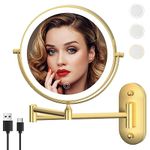 MIROAMZ Rechargeable Wall Mounted Lighted Makeup Vanity Mirror 8 Inch Double Sided 1X 10X Magnifying Bathroom Mirror, 3 Color Lighting, Touch Screen Dimming, 360 Rotation Shaving Mirror (Gold)