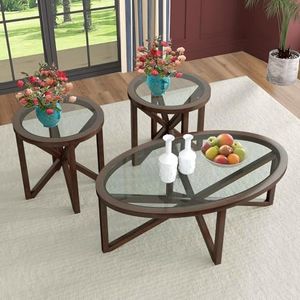 Fulocseny Wooden Glass Coffee Table End Table Sets of 3 Modern Oval Living Room Table Set Tempered Glass Top Side Table, Cherry Brown