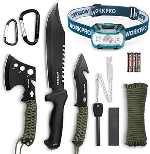 WORKPRO Camping Hatchet & Machete with Sheath, Camping Axe and Fixed Blade Hunting Knives with Paracord Handle, Headlamp, Flint, Camping Tool Set for Outdoor Hunting Survival