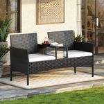 Aoxun 2 Seater Rattan Garden Bench, Extra Wide Outdoor Loveseat with Storage Side Table, Comfortable Patio Furniture Set with Cushions and Rain Cover for Garden Balcony Backyard (Off-white)