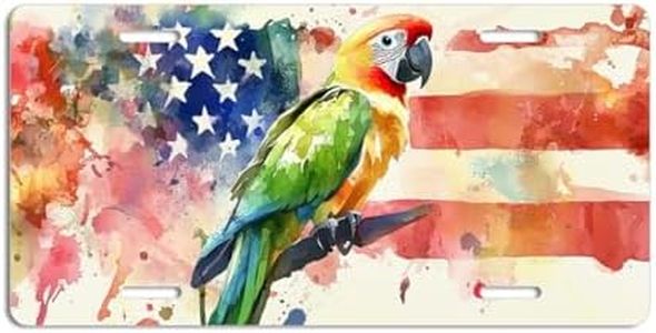 NGZ Parrot License Plate, Funny Pet American Flag Painting Aluminum License Plate Suitable for Car, RVs, Bars, Fences, garages, etc. 12x6 Inch