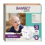 Bambo Nature Premium Baby Diapers - Medium Size, Monthly Pack 168 Count, for Infant 3-6 Months (4-8 Kgs) - Super Absorbent, Eco-Friendly and with a Wetness Indicator, White