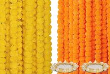 Home Buy Indian Made in Bharat Artificial Marigold Flowers for Decoration Garland 400gsm Each for Diwali & Festivals | 5 Feet Long 10 Pcs with 2 Diya (Orange+ Yellow) (5 Yellow+5 Orange merigold)