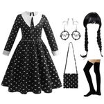 Black Gothic Dress Up Outfit for Girls, Kids Theme Cosplay Costume Girls Party Fancy Dress Accessories with Wig Bag Socks Earrings for Carnival Halloween Party, World Book Day Costumes for Girls 2-11