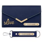 The Wallet Store Personalized Minimal Leather Clutch & Keychain Gift Set For Women | Customized Combo For Girlfriend, Wife, Sister, Mother, Etc (Blue)
