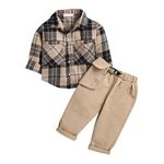 Hopscotch Cotton Boys Khakiplaid Print Shirtpant Set In Beige Color For Ages 12-18 Months