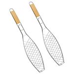 Hemoton 2PCS Metal Fish Barbecue Basket Non-stick Mesh Clip Wooden Handle Fish Grilled Barbecue Clip Outdoor Barbecue Tool