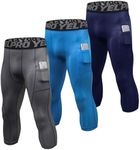 SPVISE 1 or 3 Pack Men's 3/4 Compression Pants Athletic Gym Leggings Running Tights Dry Fit Workout Base Layer Bottoms Pocket, Grey+blue+navy, XX-Large