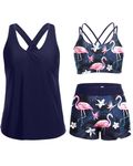 Holipick 3 Piece Tankini Swimsuits for Women Tummy Control Bathing Suits Swim Tank Top with Bra Boy Shorts Teen Swimwear, Flamingo, Small