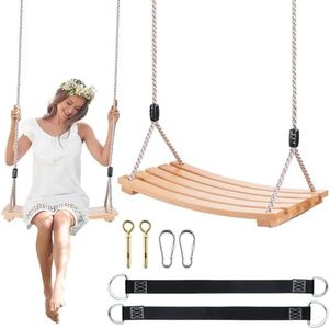 Wooden Tree Swing,Wooden Swing for Adults/Kids with 500lbs Load Capacity,Adjustable Hemp Rope Plus Tree Straps 100 inch, Hanging Wooden Swing for Indoor, Outdoor, Garden,Yard,Backyard (Curved Wooden)