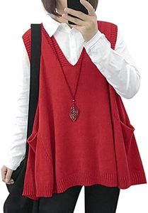 Beaurex Sweater Vest Women Oversized V Neck Sleeveless Sweaters Cable Knit Pullover Tops with Pockets, Sw09 Red, Medium