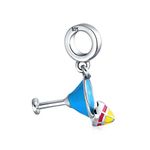 Travel Tropical Drink Beach Honeymoon Vacation Colorful Margarita Martini Glass Dangle Charm Bead For Women Blue Enamel .925 Sterling Silver Fits European Bracelet