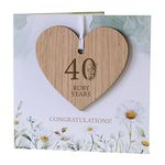 40th Wedding Anniversary Card With Wooden Heart Plaque Decoration Keepsake - Congratulations 40 Ruby Years Gift (40th Ruby)