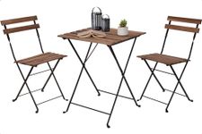 idooka Bistro Garden Table and Chairs - Metal Black Frame Acacia Wood Garden Furniture Sets Outdoor Seating- Folding Table & 2 x Foldable Chair Set- 3 Piece Patio Set Square Metal- Balcony Furniture