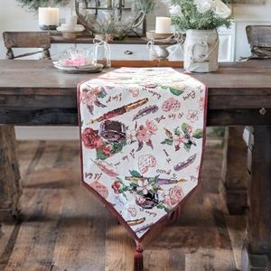 DaDa Bedding Sweet Heart Valentine Love Notes Floral Tapestry Table Runner - Romantic Roses Blossom Spring Garden Red Pink - Cute Dainty Elegant Decorative Linen Woven Dining Mats - 13" x 90" (18273)