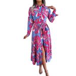 Gufrina Women's Full Sleeve Collar Neck Western Dress - Floral Print Maxi Dress with Slit and Tie-Up Belt (Pink XL)