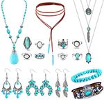Drperfect Bohemian Turquoise Jewelry Set for Women Western Jewelry Turquoise Pendant Necklace, Long Chorker Necklace, Vintage Turquoise Dangle Earrings, Turquoise Bracelet, Turquoise Knuckle Rings Boho Jewelry Set