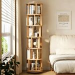 YGWBGA 6-Tier Rotating Bookshelf for Small Space, 360° Spinning Bookshelf Tower with Wheels, Wood Revolving Bookcase, Tall Corner Bookshelf, Round Book Shelves for Bedroom, Kids Room, Office, Natural