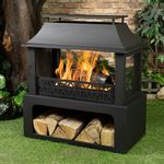 Deko Living 36" Rectangular Steel Outdoor Wood Burning Fireplace - Outdoor Fireplace with Adjustable Cooking Grill & Log Storage Compartment - Camping Fire Place with Safety Screen and Poker