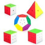 Magic Cube Set, 5 Pack Speed Cube Bundle, 2x2+3x3+4x4+Megaminx+Pyraminx Speed Cube Pack, Magic Cube 3D Puzzle with Smooth Sticker Brain Teasers Stocking Fillers for Kids (Stickerless)