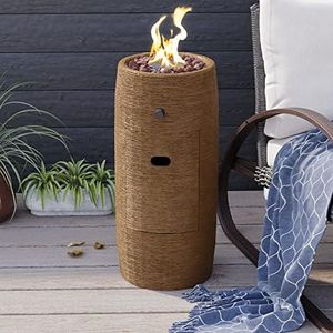 COSIEST Outdoor Propane Fire Pit Table w Compact Ledgestone 11-inch Round Graphite Base, CSA Certified, 15,000 BTU, Free Lava Rocks, Touch-up Pen, Rain Cover for Patio Garden(Brown)