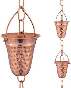 Marrgon Copper Hammered Rain Chain – Decorative Chimes & Cups Replace Gutter Downspout & Divert Water Away from Home for Stunning Fountain Display – 6.5’ Long for Universal Fit – Bell Style