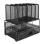 Amazon Basics Mesh Desk Organiser with Sliding Drawer, Double Tray and 5 Upright Sections, Black