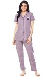 ZEYO Women's Cotton Strip Printed Lavender Night Suit Shirt and Pajama Set 5261 (Small)