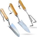 Garden Guru Garden Tool Set 3pc Hand Trowel Transplanter Cultivator – Heavy Duty Rust Resistant Stainless Steel – Classic Ergonomic Wooden Handle – Perfect Gardening Tool Kit Gifts for Women and Men