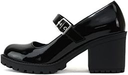 Soda “Eviana” ~ Women Mary Jane Round Toe Mid Chunky Block Heel Lug Sole Pump with Adjustable Strap, Black Patent, 8