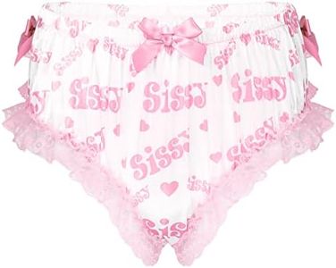 FEESHOW Men's Sissy Frilly Shiny Satin Panties Floral Lace Skirted Briefs Lingerie Crossdress Underwear Pink Letters X-Large