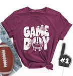 Game Day Football Shirt for Women Football Mom Tshirt Funny Short Sleeve Sunday Tee Top, Purple, Small