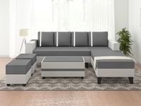 Adorn India Ashley L Shape Stripes Leatherette Fabric Sofa Set 8 Seater with 2 Ottoman Puffy & Center Table (Right Side) (Grey)