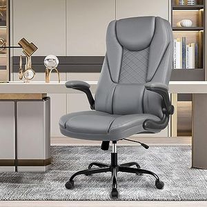 Guessky Office Chair, Executive Office Chair Big and Tall Office Chair Ergonomic Leather Chair with Adjustable Flip-Up Arms High Back Home Office Desk Chairs Computer Chair with Lumbar Support (Gray)