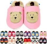 MiniFeet Premium Soft Leather Baby Shoes - Buy 4 Pairs & GET 1 of Them for Free - Toddler Shoes - Pink Bear 6-12 Months