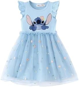 Disney Lilo & Stitch Toddler Girl Dresses Ruffle Short Sleeve Sparkle Tulle Skirt Summer Birthday Party Clothes Flower Girls’ Dress Glitter Mesh Outfit Ball Gown Prom Holiday Decoration Gift Blue 2T