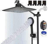 Upgraded 10" Black Shower Head with Handheld Spray Waterfall Showerhead High Pressure Detachable Shower Head with Hose & 12" Shower Head Extension Arm Free Shower Head Filter for Hard Water + 4 Hooks