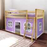 Max & Lily Low Bunk Bed, Twin-Over-Twin Bed Frame For Kids With Curtains For Bottom, Natural/Purple
