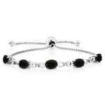 Gem Stone King 925 Sterling Silver Black Onyx and White Lab Grown Diamond Tennis Bracelet For Women (3.52 Cttw, Gemstone December Birthstone, Oval 7x5MM, Fully Adjustable Up to 9 Inch), One Size,