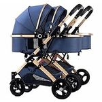 Double Baby Stroller for Infant and Toddler Reversible Bassinet Twins Pram,Detachable Pushchair Side-by-Side Multi-Position Reclining Seats,Folding Prams Trolley (Color : Blue)