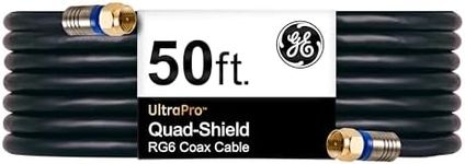 GE RG6 Coaxial Cable, 50 ft. F-Type Connectors, Quad Shielded Coax Cable, 3 GHz Digital, in-Wall Rated, Ideal for TV Antenna, DVR, VCR, Satellite, Cable Box, Home Theater, Black, 33532