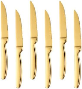 BYEGOU Gold Steak Knives Set of 6, Stainless Steel Serrated Kitchen Knife Set, Heavy Duty Dinner Knives for Cutting Meat, Beef, 8.6 Inch, Dishwasher Safe