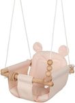 Monkey & Mouse Baby Swing, Pale Pink Indoor Outdoor Portable Hanging Chair - Infant & Toddler Kids 6 Months - 4 Years, Cotton Canvas & Beech Wood Frame, Sensory Hammock Boy & Girl Seat w/Wooden Toys