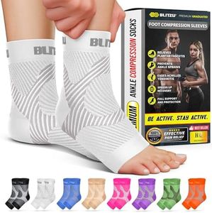 BLITZU Compression Socks for Plantar Fasciitis, Achilles Tendonitis Relief. Ankle Compression Sleeve for Heel Spurs, Foot Swelling, Fatigue & Sprain. Arch Support Brace for Sports, Gym White L-XL