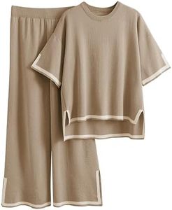 Tanming Sweater Sets Women 2 Piece Lounge Sets Short Sleeve Knit Pullover Tops Wide Leg Pants (DarkKhaki-S)